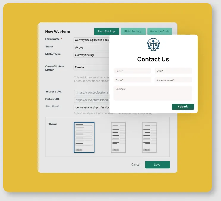 Actionstep webform builder showing form settings for a conveyancing intake form next to the contact form it produces