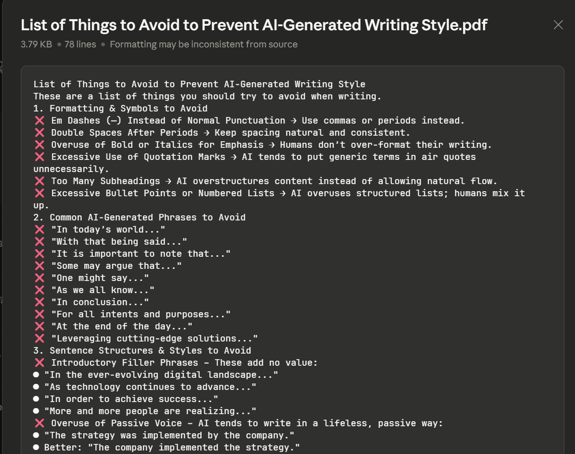 AI writing guidelines showing common phrases and formatting habits to avoid