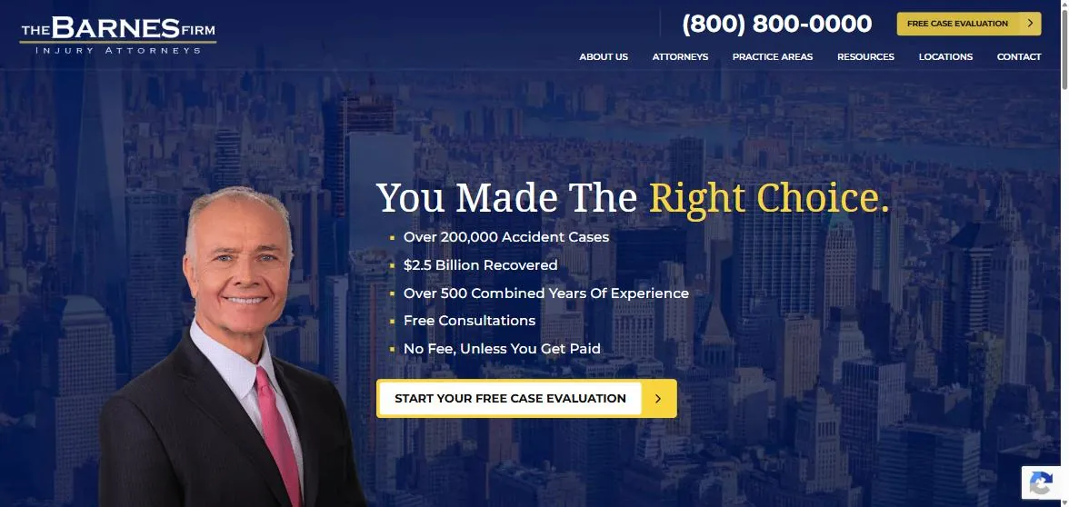 The Barnes Firm home page above the fold: You Made The Right Choice headline, five proof bullets including 200,000 accident cases and 2.5 billion recovered, start your free case evaluation button, founder photo over a city skyline