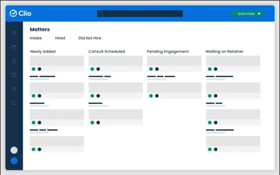 Clio Grow's matter pipeline with columns for newly added, consult scheduled, pending engagement and waiting on retainer