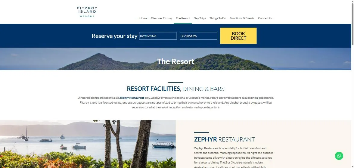 Fitzroy Island Resort page with a persistent "Reserve your stay" bar containing check-in and check-out dates and a yellow Book Direct button, above the resort content