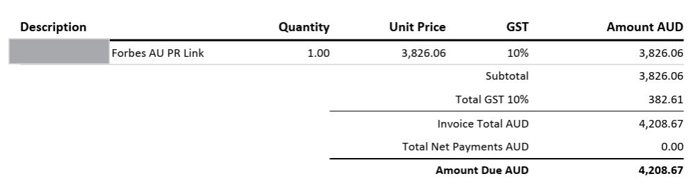 Forbes PR link invoice showing $4,208.67 AUD total