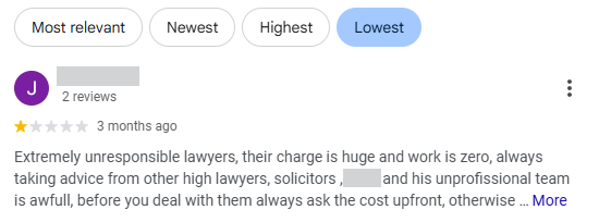 Example of a negative Google review for a law firm