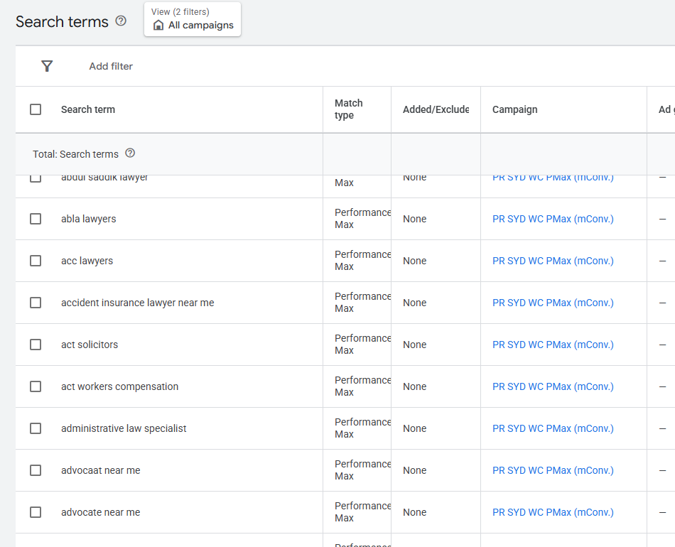 Google Ads search terms report showing the variety of irrelevant search terms that can trigger broad match ads