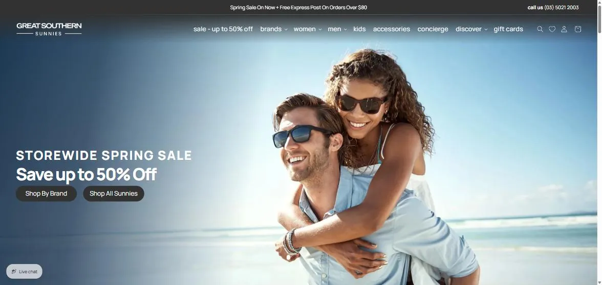 Great Southern Sunnies homepage on desktop showing the spring sale headline, two clear shop buttons and the navigation across the top