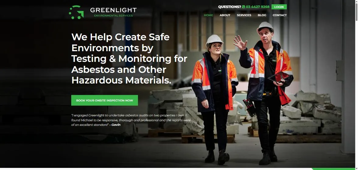 Greenlight Environmental Services homepage with the headline "We help create safe environments by testing and monitoring for asbestos and other hazardous materials", a book your onsite inspection button, a client testimonial and a photo of the team on site