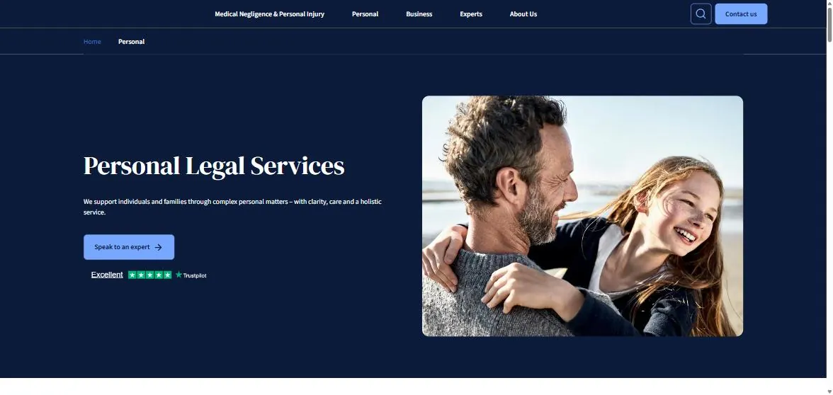 Irwin Mitchell personal legal services page above the fold: Personal Legal Services headline, speak to an expert button, Trustpilot Excellent rating, photo of a father and daughter