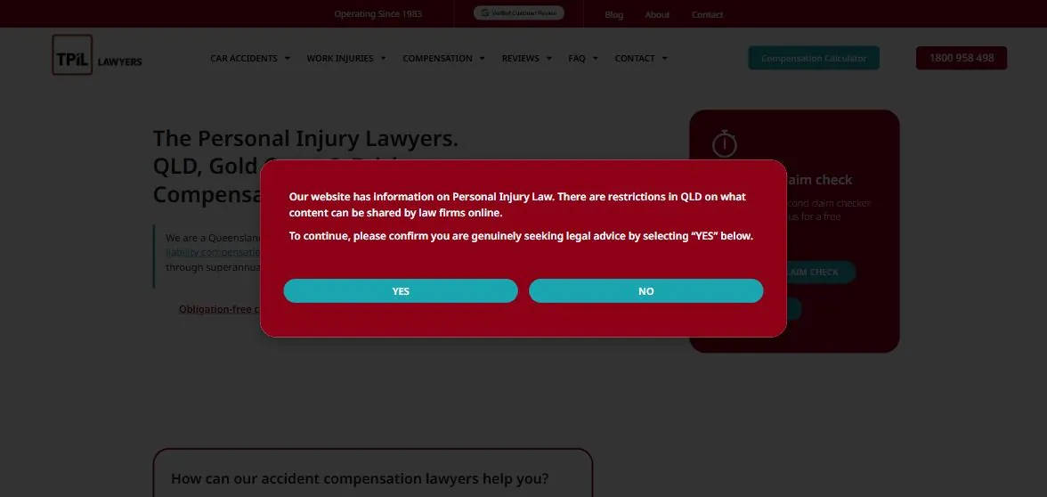 The Personal Injury Lawyers Queensland page with the PIPA confirmation gate