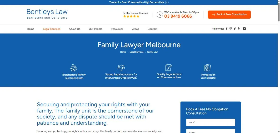 Bentleys Law family lawyer Melbourne page above the fold