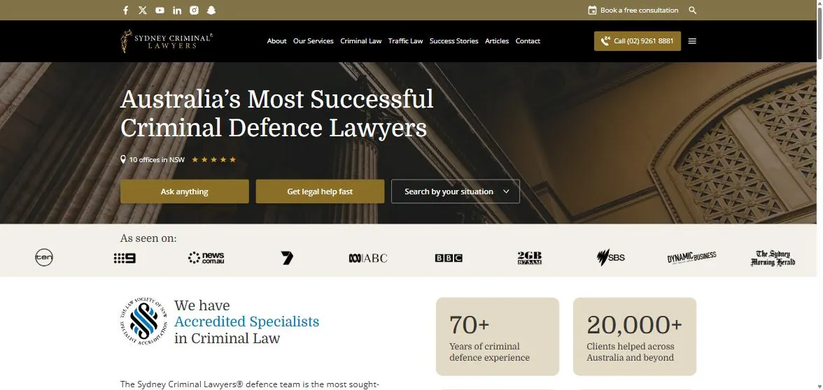 Sydney Criminal Lawyers home page above the fold