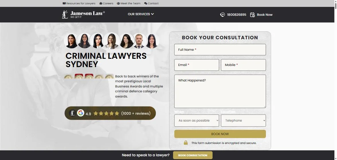 Jameson Law criminal lawyers Sydney page above the fold