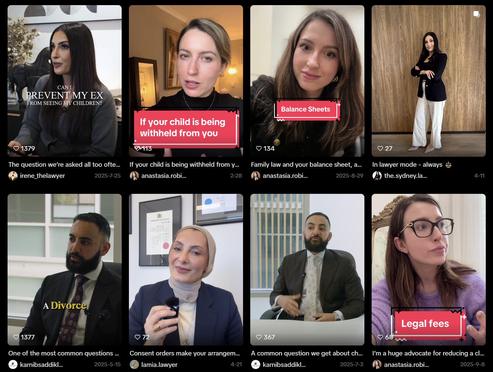 A grid of Australian lawyers recording face-to-camera short-form videos answering common client questions