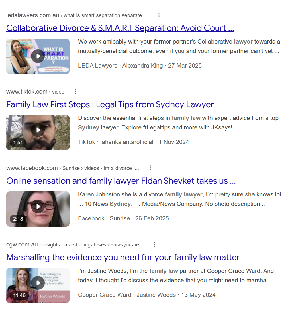 Google search results showing video carousels appearing for competitive legal queries
