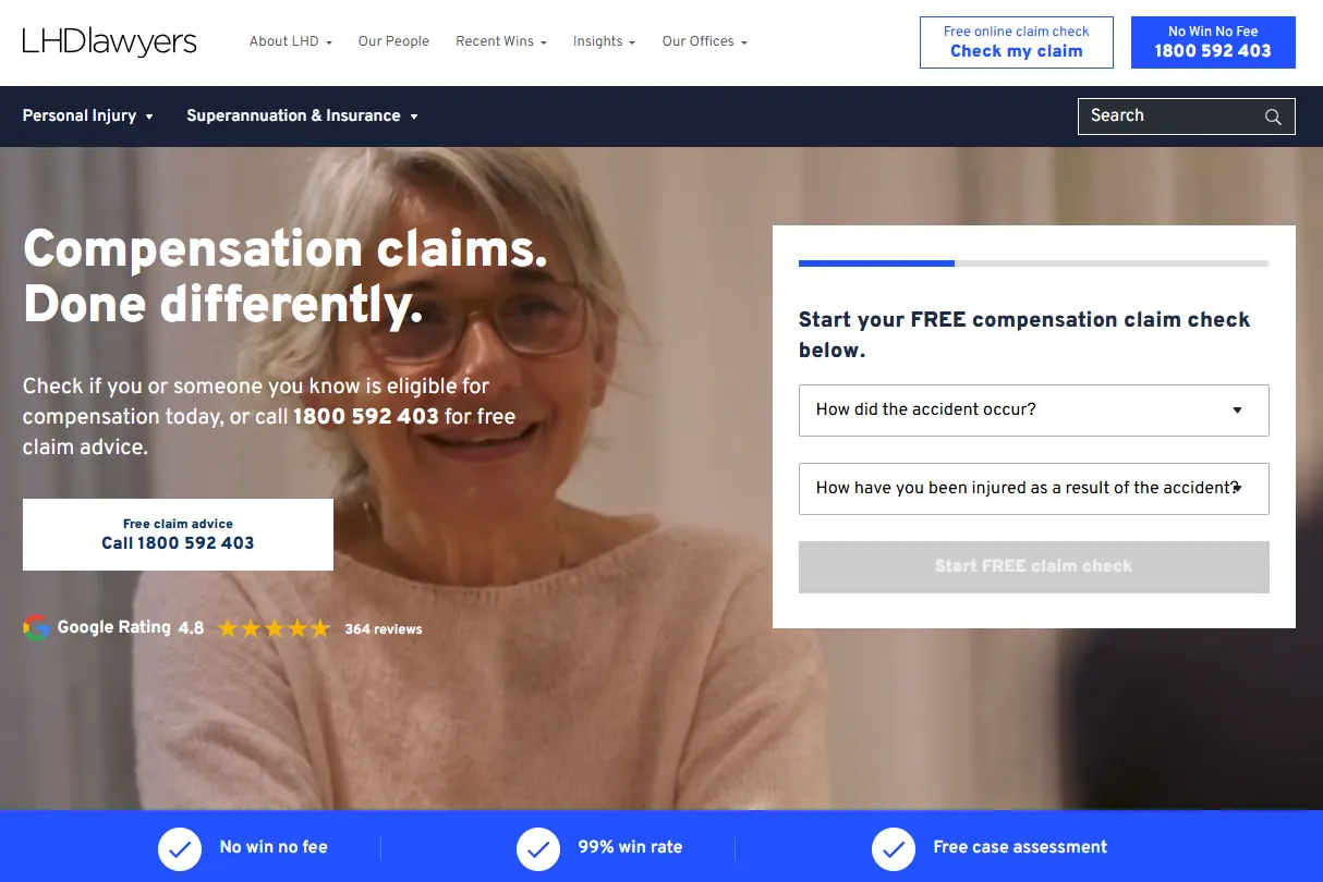 LHD Lawyers landing page showing form above the fold with trust signals
