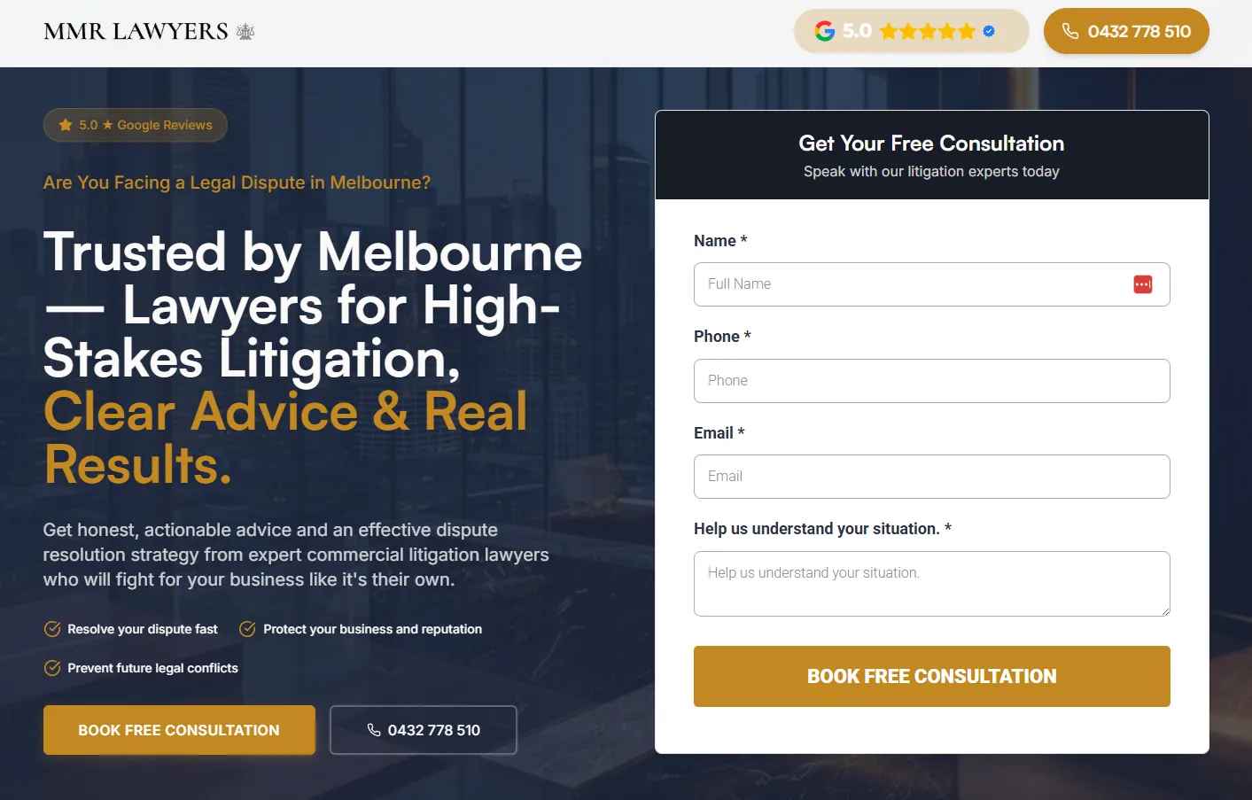 a Melbourne litigation firm's landing page with a four-field consultation form beside the headline, Google 5.0 rating in the header and a single book free consultation button