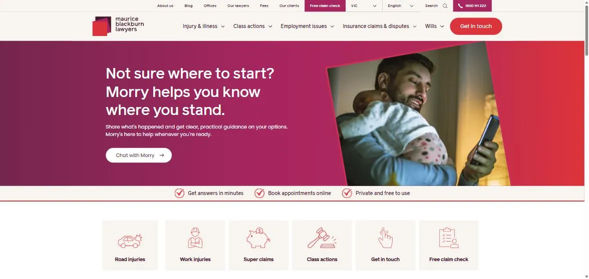 Maurice Blackburn home page above the fold after selecting a state: headline Not sure where to start, Morry helps you know where you stand, Chat with Morry button, trust line, claim type icons