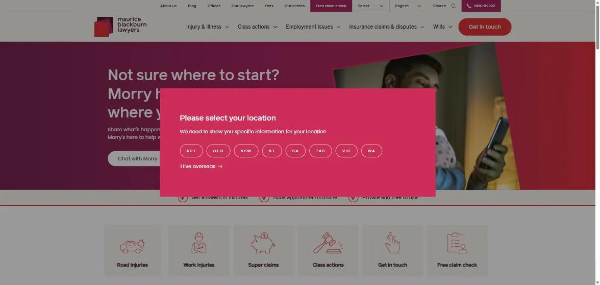 Maurice Blackburn location picker modal covering the home page before any content is readable