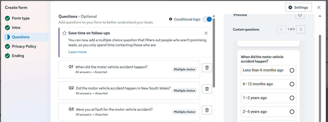 Meta instant form builder with qualification questions for motor vehicle accidents