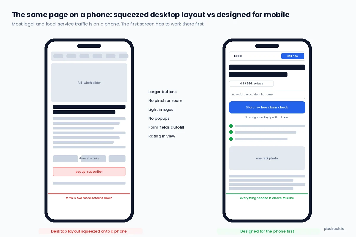 Side by side wireframes of the same landing page on a phone: a squeezed desktop layout with a slider, tiny links, a popup and the form two screens down, versus a mobile-first layout with the headline, rating, one question and the button all in the first screen