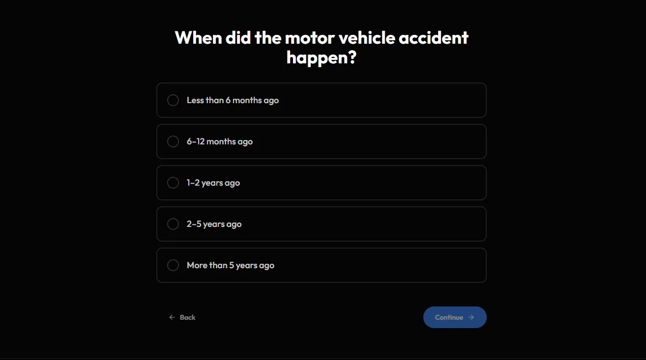 Qualification form asking when the motor vehicle accident happened