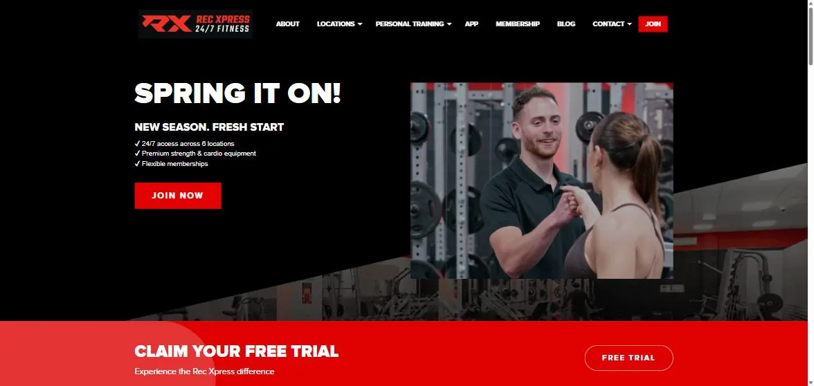 Rec Xpress homepage showing the headline, three benefit bullets (24/7 access across 6 locations, premium equipment, flexible memberships), a join now button and a free trial bar