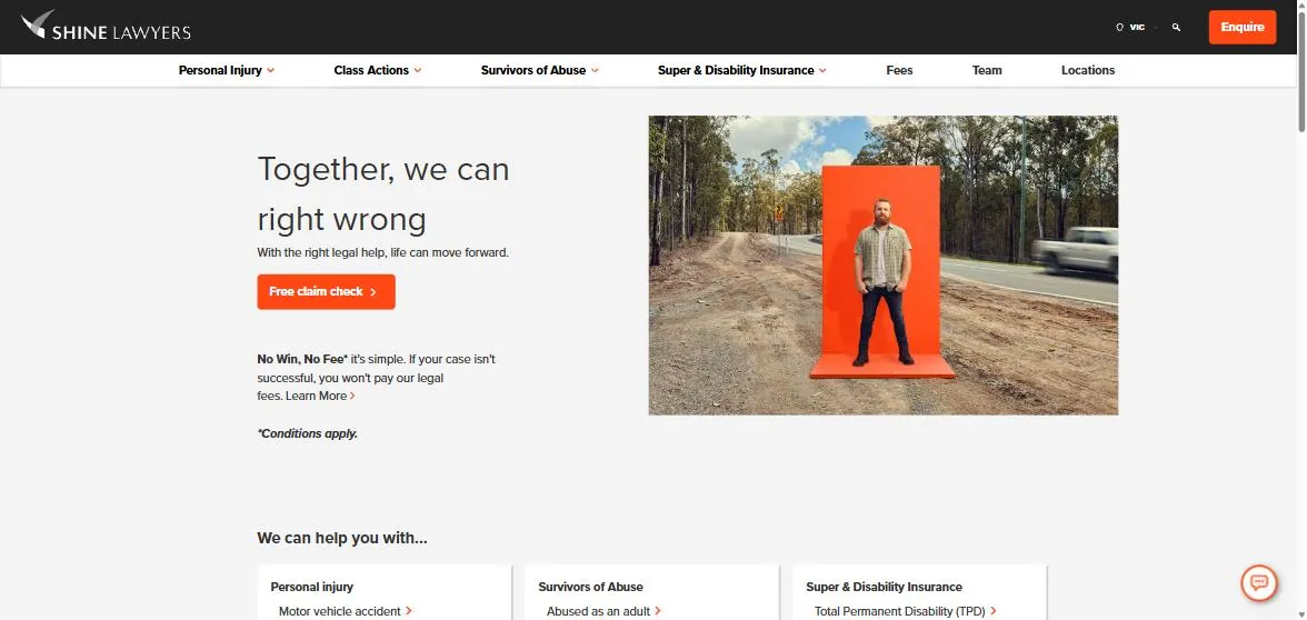 Shine Lawyers home page above the fold: headline Together we can right wrong, Free claim check button, No Win No Fee statement, photo of a man on an orange backdrop beside a country road
