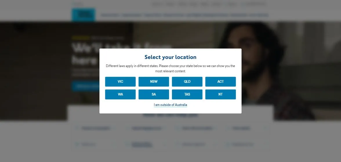 Slater and Gordon Australia state picker modal covering the home page