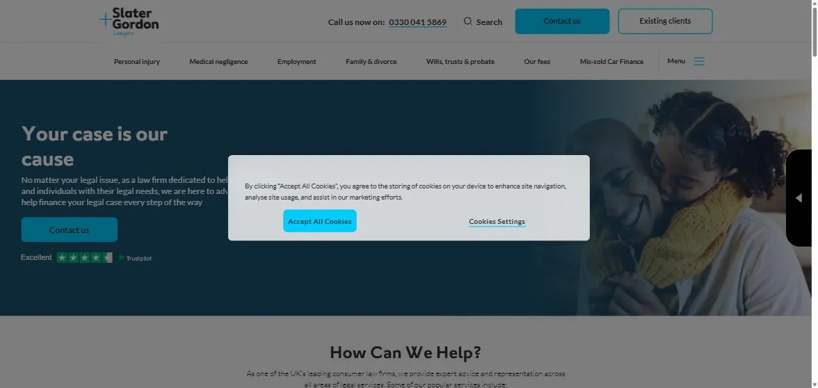 Slater and Gordon UK home page above the fold with a cookie consent banner covering the hero, headline Your case is our cause, Trustpilot Excellent rating, contact us button