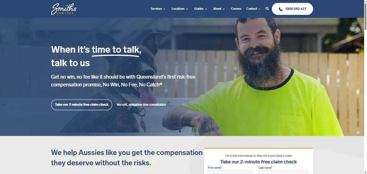 Smith's Lawyers home page above the fold: headline When it's time to talk, talk to us, No Win No Fee No Catch promise, two minute free claim check button, real client photo with dog, claim check form visible on first scroll