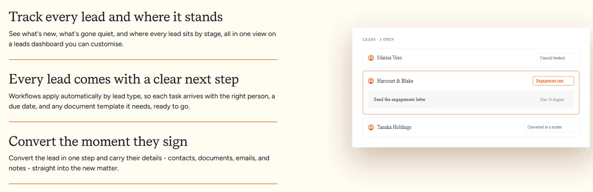 Smokeball lead management page showing a leads list with stages like consult booked, engagement sent and converted to a matter