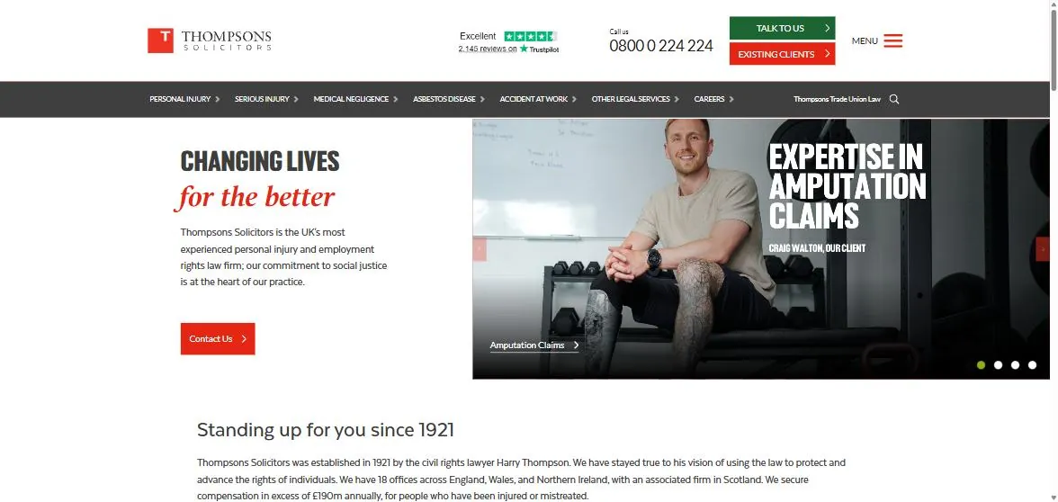 Thompsons Solicitors home page above the fold: Changing lives for the better headline, Trustpilot 2,146 reviews, phone number, Talk to Us button, client photo for amputation claims, claim types in navigation