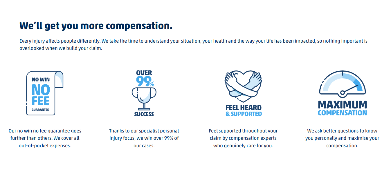 Trust signals and differentiation badges on a personal injury landing page