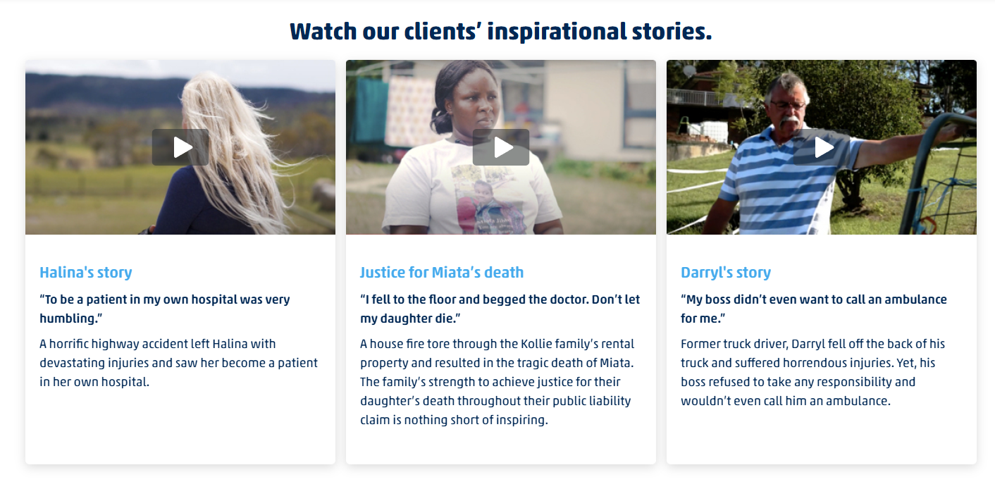 Video testimonials section showing client stories on a personal injury website