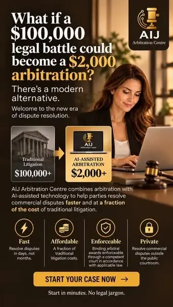 AIJ Arbitration Centre Meta ad for a litigation or dispute service, saved from the Ad Library