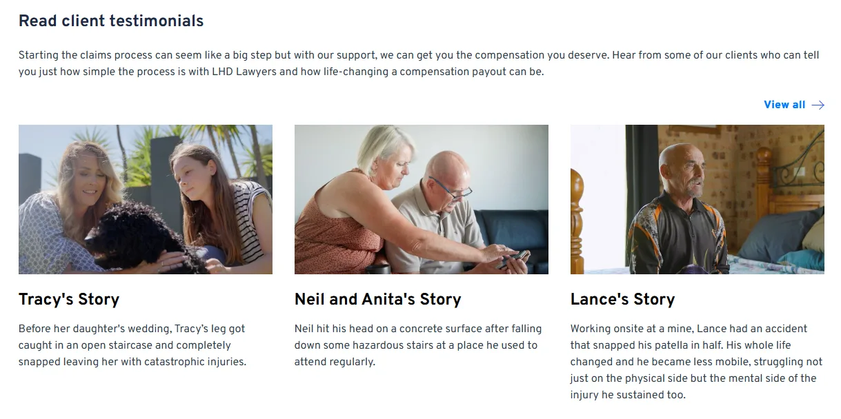 Landing page featuring video testimonials from past clients
