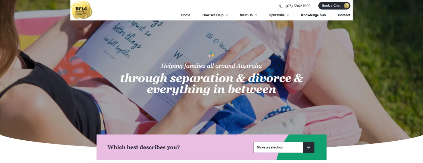 Brisbane Family Law Centre homepage with a Which best describes you? selector under the hero headline