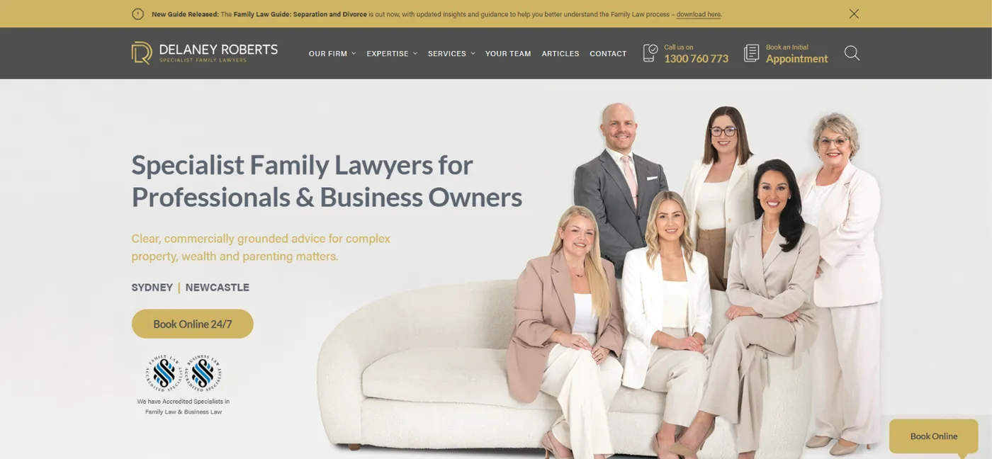 Delaney Roberts homepage with the headline Specialist Family Lawyers for Professionals & Business Owners and a Book Online 24/7 button