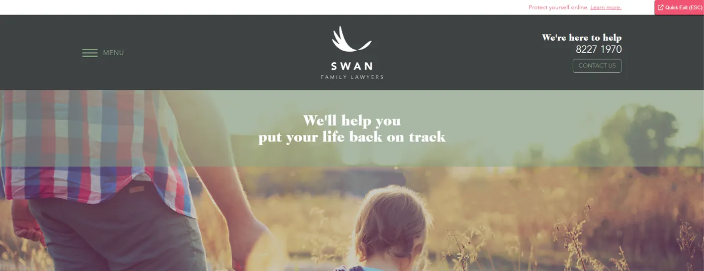 Swan Family Lawyers homepage with a Quick Exit (ESC) button and Protect yourself online link in the top right corner