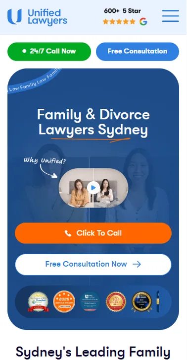 Unified Lawyers mobile homepage with 24/7 Call Now and Free Consultation buttons under the logo